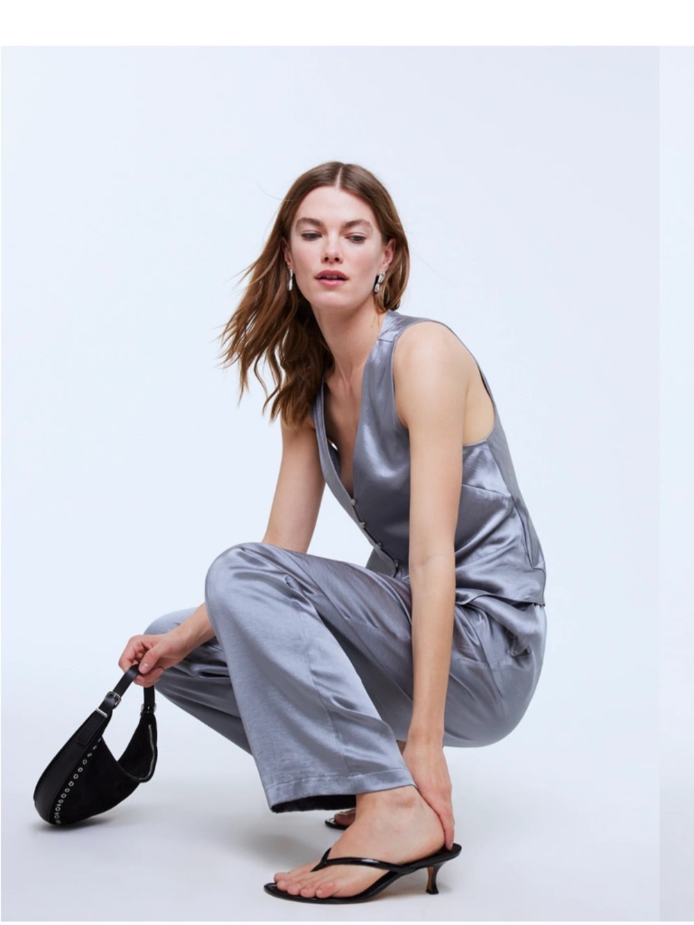 Madewell Silver/Blue Satin V-Neck Vest + Matching Pants
